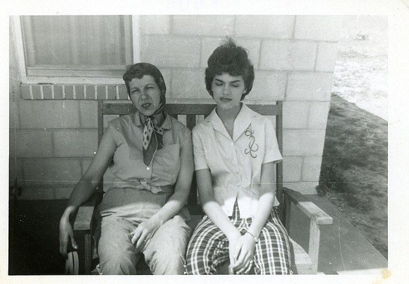 Minnie F Compton at beach with Anna K Compton-Sabo early 60s