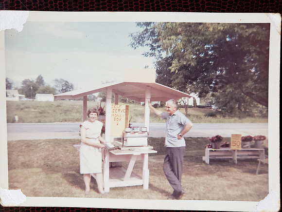 1960s-Grandma and Grandpa Sabo Flower Stand in front of House